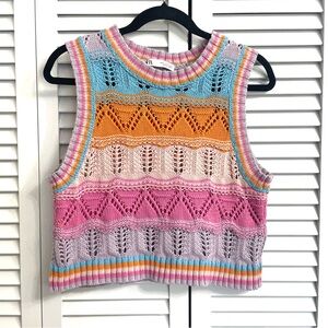 Zara Crochet Sweater Vest Womens S Colorful Striped Cropped Boho Festival Beachy